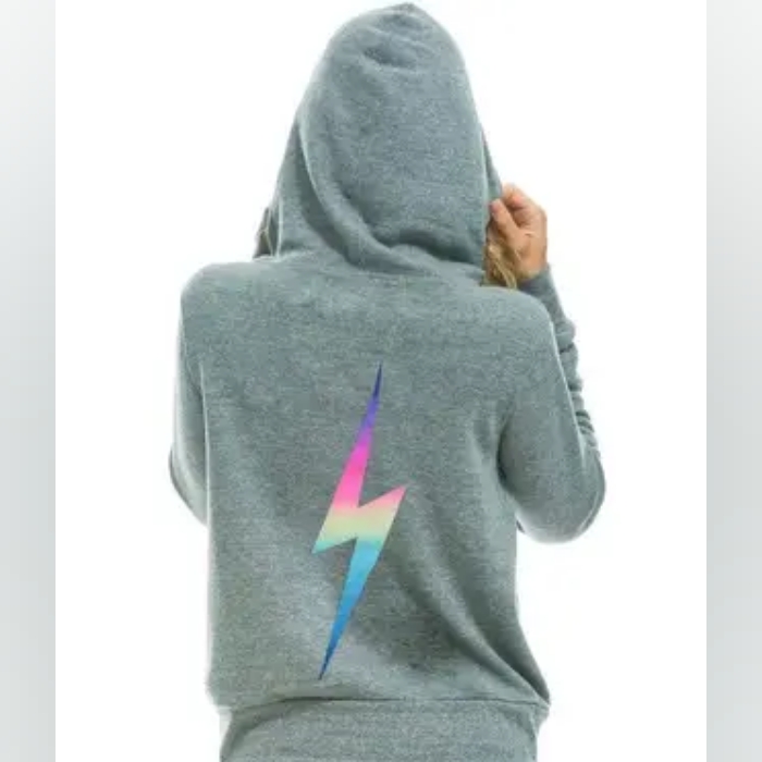Aviator Nation Light Grey Rainbow Bolt Zip Up Hoodie